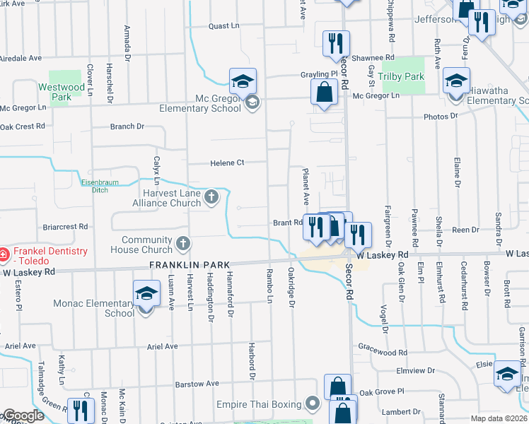 map of restaurants, bars, coffee shops, grocery stores, and more near 3528 Cedardale Court in Toledo
