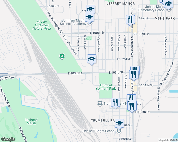 map of restaurants, bars, coffee shops, grocery stores, and more near 10228 South Crandon Avenue in Chicago