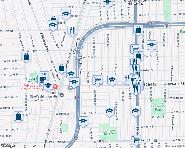 map of restaurants, bars, coffee shops, grocery stores, and more near 1116 West 102nd Street in Chicago