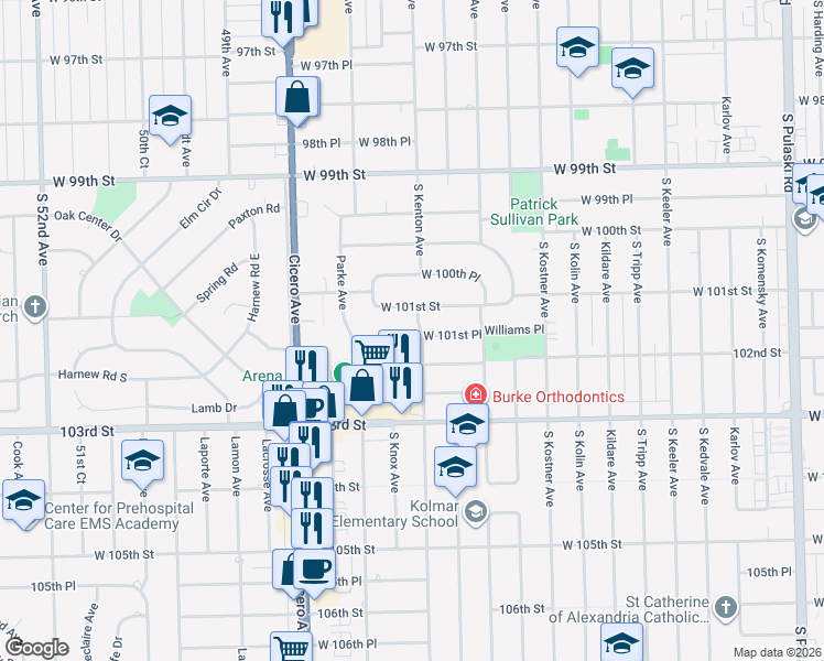 map of restaurants, bars, coffee shops, grocery stores, and more near 4616 101st Street in Oak Lawn