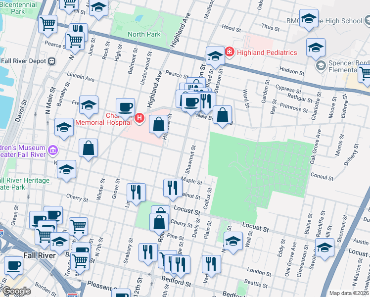 map of restaurants, bars, coffee shops, grocery stores, and more near 615 Robeson Street in Fall River