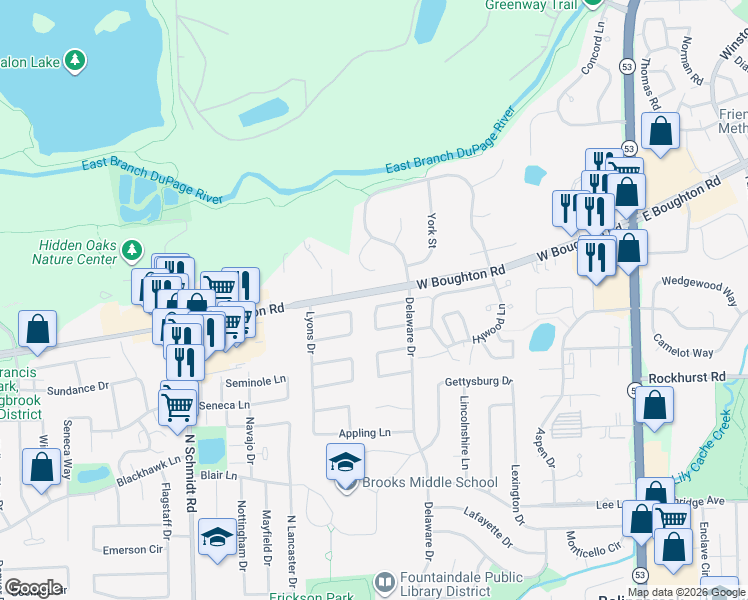map of restaurants, bars, coffee shops, grocery stores, and more near 310 Dean Circle in Bolingbrook