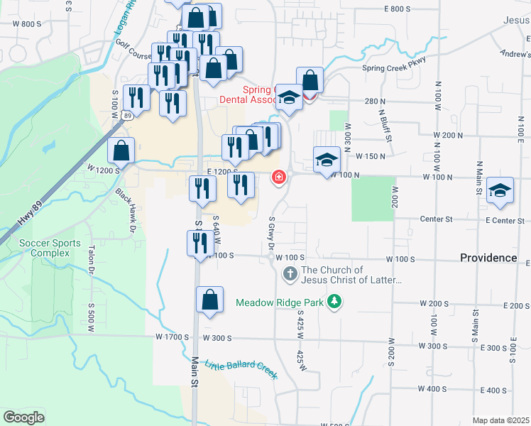 map of restaurants, bars, coffee shops, grocery stores, and more near 50 Utah 165 in Providence