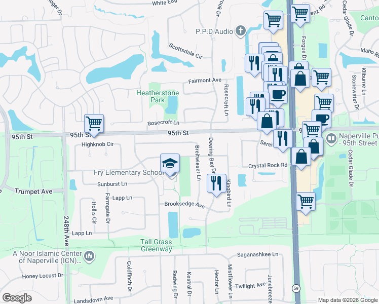 map of restaurants, bars, coffee shops, grocery stores, and more near 3533 Breitwieser Lane in Naperville