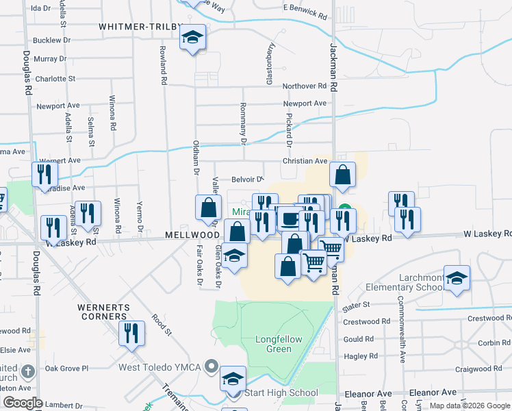 map of restaurants, bars, coffee shops, grocery stores, and more near 5055 Jamieson Drive in Toledo