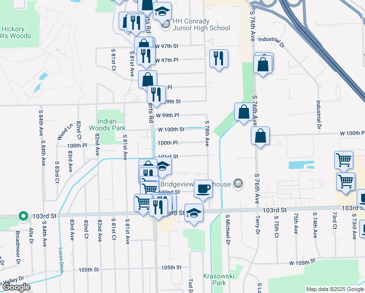 map of restaurants, bars, coffee shops, grocery stores, and more near 7854 West 100th Place in Palos Hills
