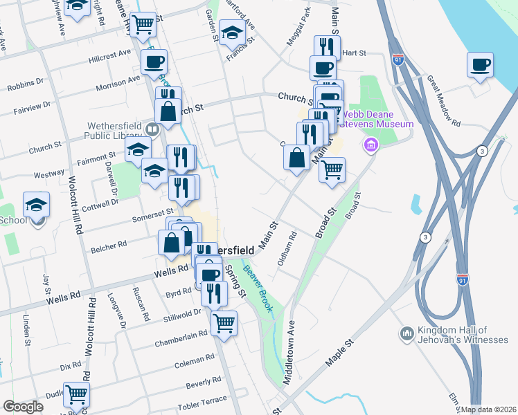 map of restaurants, bars, coffee shops, grocery stores, and more near 36 Old Pepperidge Lane in Wethersfield