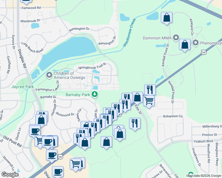 map of restaurants, bars, coffee shops, grocery stores, and more near 246 Springbrook Trail South in Oswego
