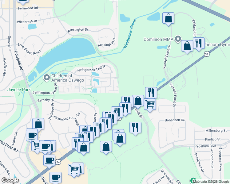 map of restaurants, bars, coffee shops, grocery stores, and more near 343 Springbrook Trail South in Oswego