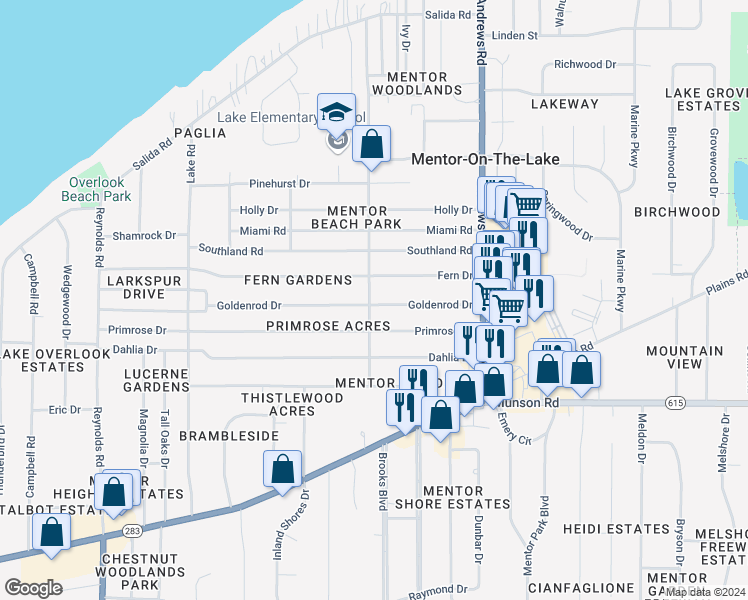 map of restaurants, bars, coffee shops, grocery stores, and more near 7665 Goldenrod Drive in Mentor-on-the-Lake