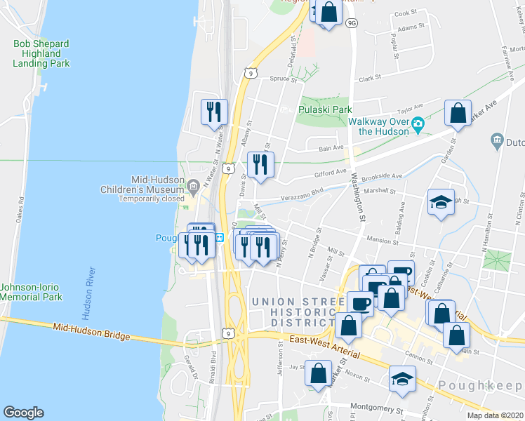 map of restaurants, bars, coffee shops, grocery stores, and more near 129 Mill Street in Poughkeepsie