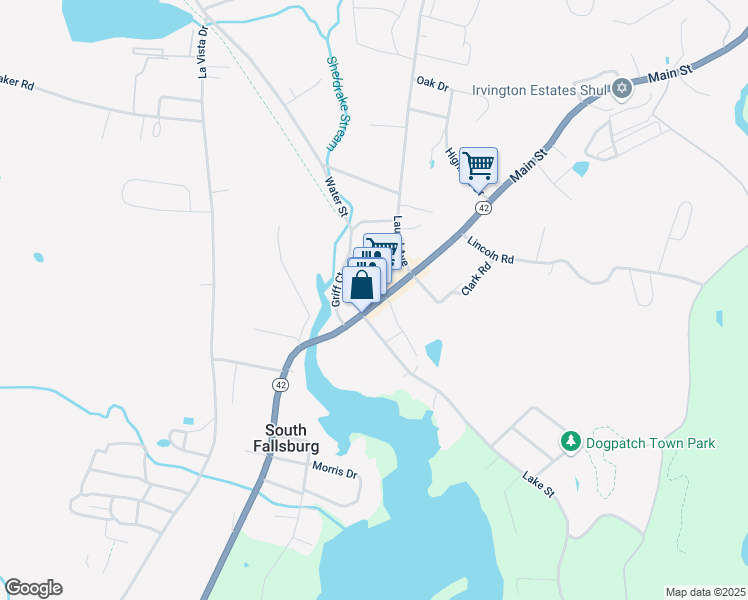 map of restaurants, bars, coffee shops, grocery stores, and more near 3 Railroad Plaza Exd in South Fallsburg