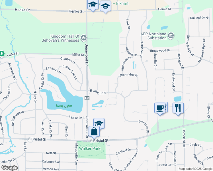 map of restaurants, bars, coffee shops, grocery stores, and more near 1729 Fortino Court in Elkhart