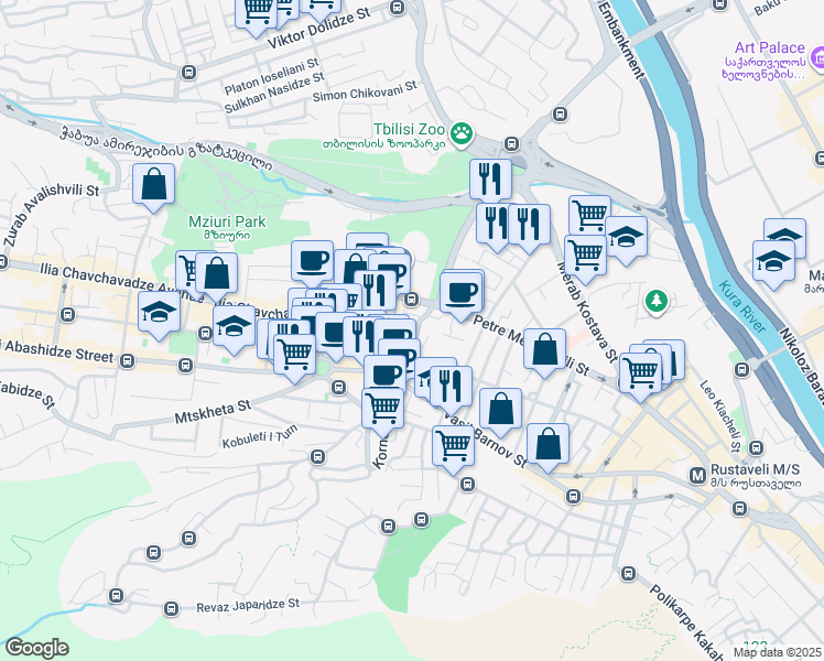 map of restaurants, bars, coffee shops, grocery stores, and more near 1 Korneli Kekelidze Street in Tbilisi