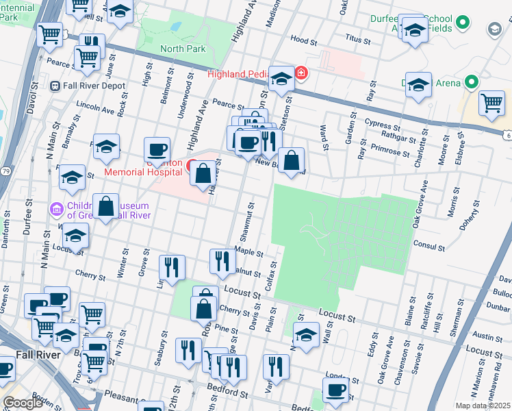 map of restaurants, bars, coffee shops, grocery stores, and more near 126 Summerfield Street in Fall River