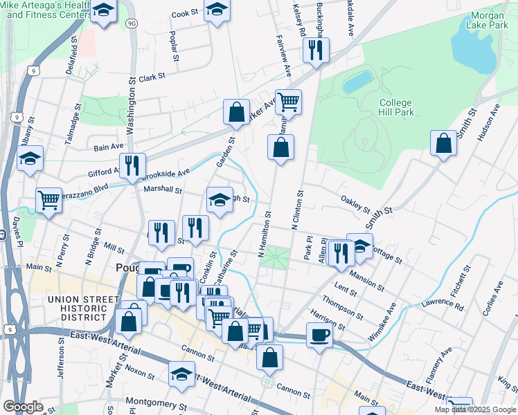 map of restaurants, bars, coffee shops, grocery stores, and more near 43 High Street in Poughkeepsie