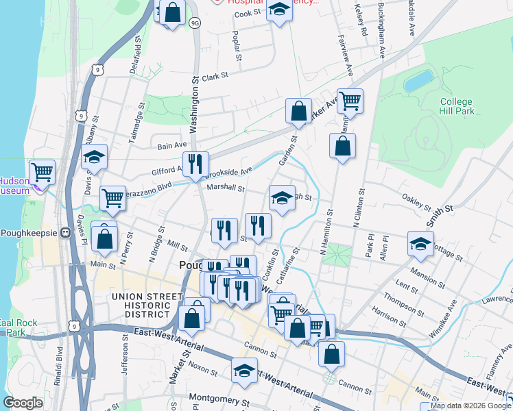 map of restaurants, bars, coffee shops, grocery stores, and more near 32 Balding Avenue in Poughkeepsie
