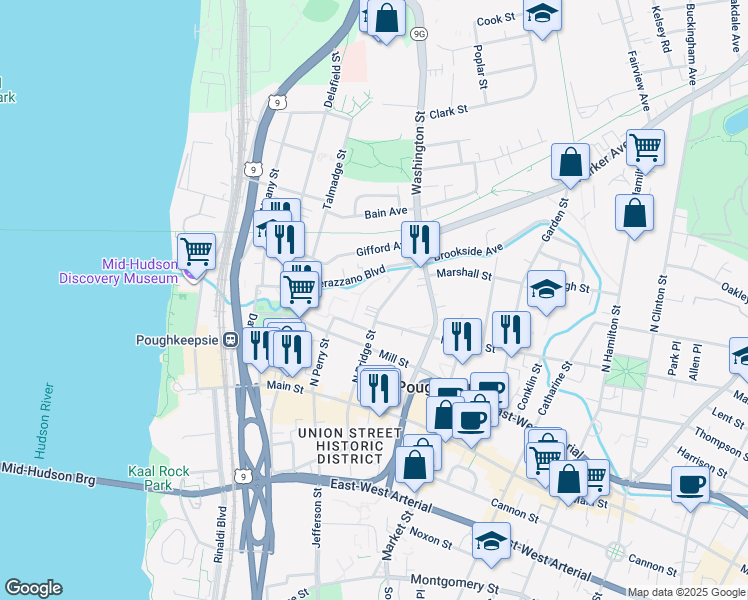 map of restaurants, bars, coffee shops, grocery stores, and more near 49 Verazzano Boulevard in Poughkeepsie