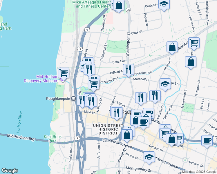 map of restaurants, bars, coffee shops, grocery stores, and more near 49 Verazzano Boulevard in Poughkeepsie