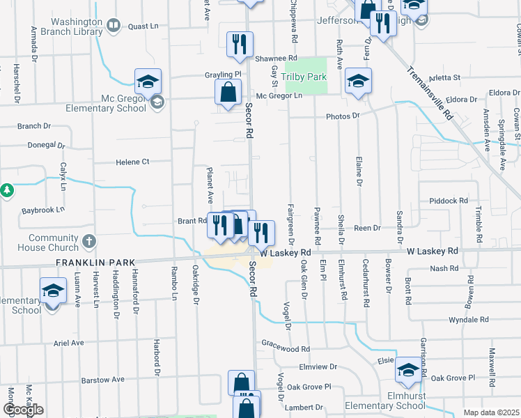 map of restaurants, bars, coffee shops, grocery stores, and more near 22981 Farmington Road in Farmington