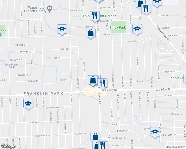 map of restaurants, bars, coffee shops, grocery stores, and more near 5123 Secor Road in Toledo