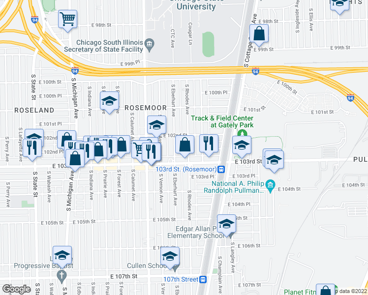 map of restaurants, bars, coffee shops, grocery stores, and more near 10200 South Rhodes Avenue in Chicago