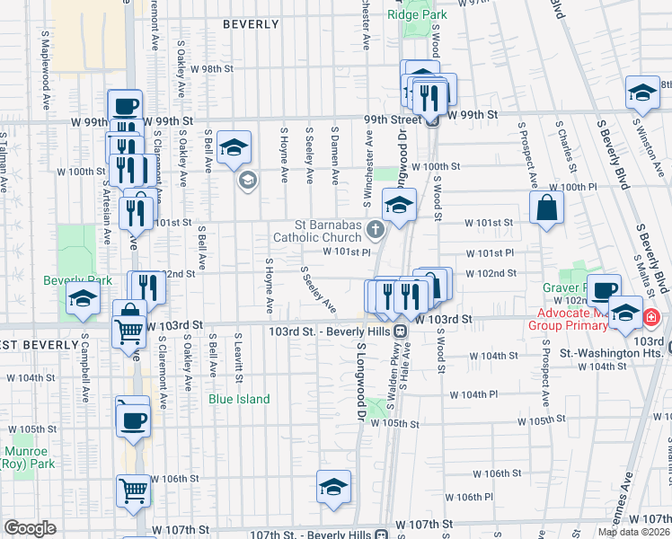 map of restaurants, bars, coffee shops, grocery stores, and more near 1955 West 101st Place in Chicago