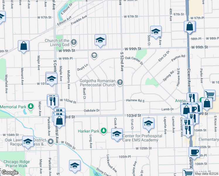map of restaurants, bars, coffee shops, grocery stores, and more near 10100 Cook Avenue in Oak Lawn