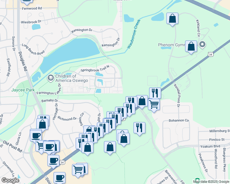 map of restaurants, bars, coffee shops, grocery stores, and more near 249 Springbrook Trail South in Oswego