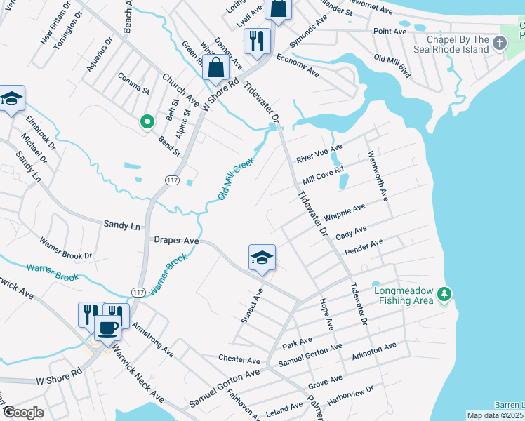 map of restaurants, bars, coffee shops, grocery stores, and more near 259 Mill Cove Road in Warwick