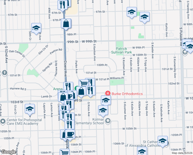 map of restaurants, bars, coffee shops, grocery stores, and more near 4536 West 101st Place in Oak Lawn
