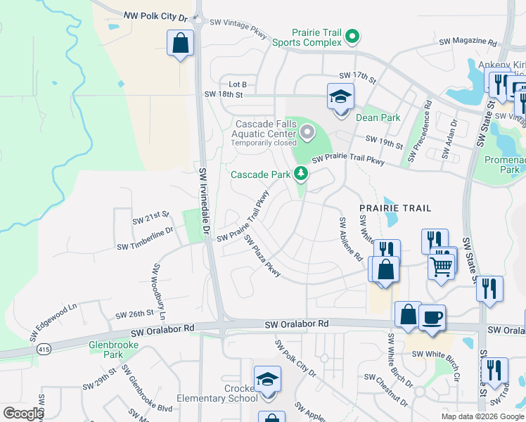 map of restaurants, bars, coffee shops, grocery stores, and more near 2707 Southwest Prairie Trail Parkway in Ankeny