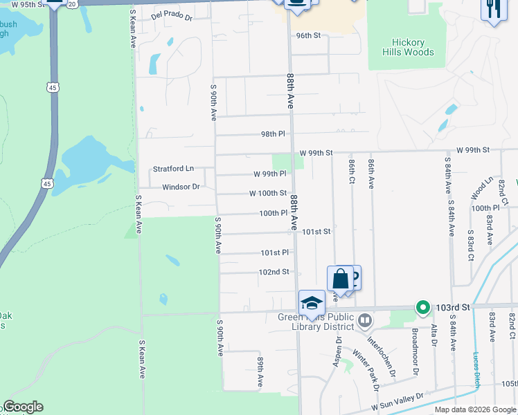 map of restaurants, bars, coffee shops, grocery stores, and more near 8831 West 100th Street in Palos Hills