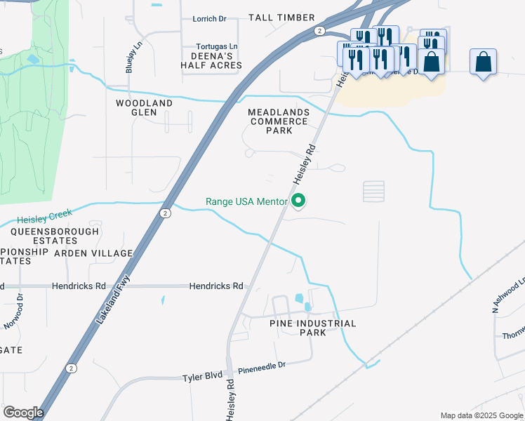 map of restaurants, bars, coffee shops, grocery stores, and more near 5976 Heisley Road in Mentor