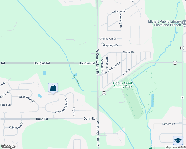map of restaurants, bars, coffee shops, grocery stores, and more near 54081 West County Line Road in Elkhart