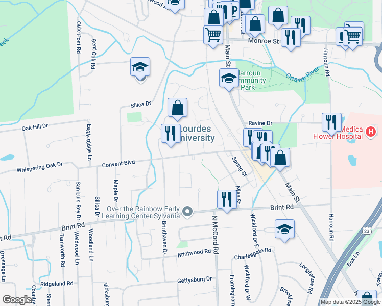map of restaurants, bars, coffee shops, grocery stores, and more near 6832 Convent Boulevard in Sylvania