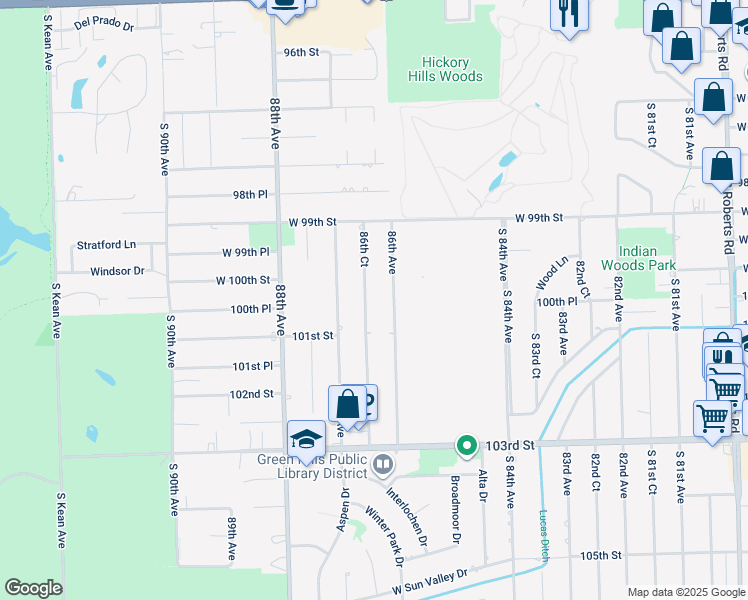 map of restaurants, bars, coffee shops, grocery stores, and more near 10025 86th Court in Palos Hills