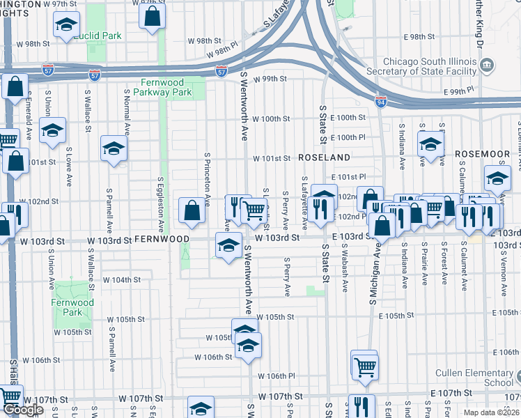 map of restaurants, bars, coffee shops, grocery stores, and more near 10201 South La Salle Street in Chicago
