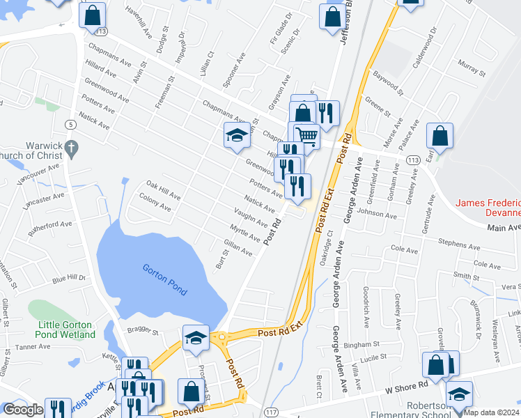 map of restaurants, bars, coffee shops, grocery stores, and more near 34 Natick Avenue in Warwick