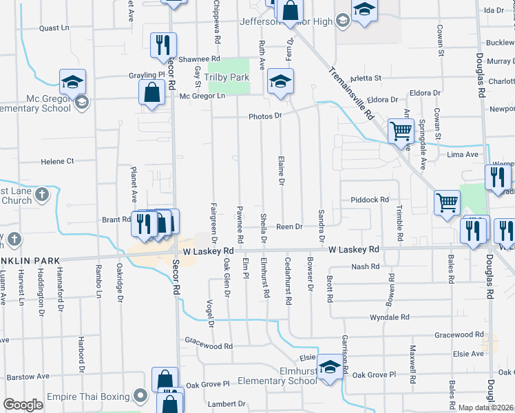 map of restaurants, bars, coffee shops, grocery stores, and more near 5134 Pawnee Road in Toledo
