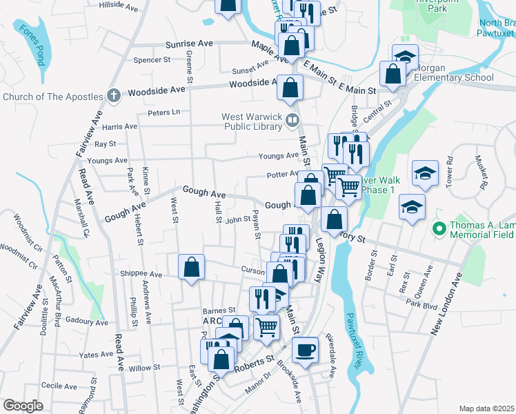 map of restaurants, bars, coffee shops, grocery stores, and more near 43 Payan Street in West Warwick