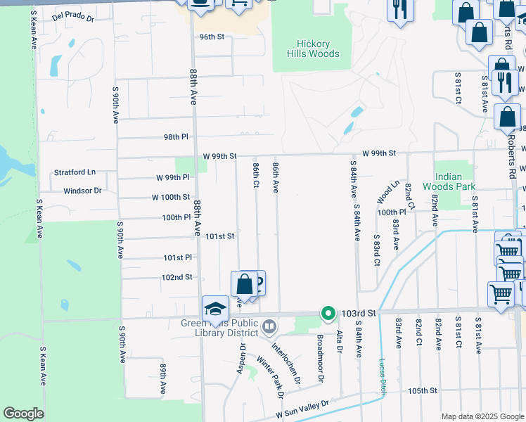 map of restaurants, bars, coffee shops, grocery stores, and more near 10025 86th Court in Palos Hills