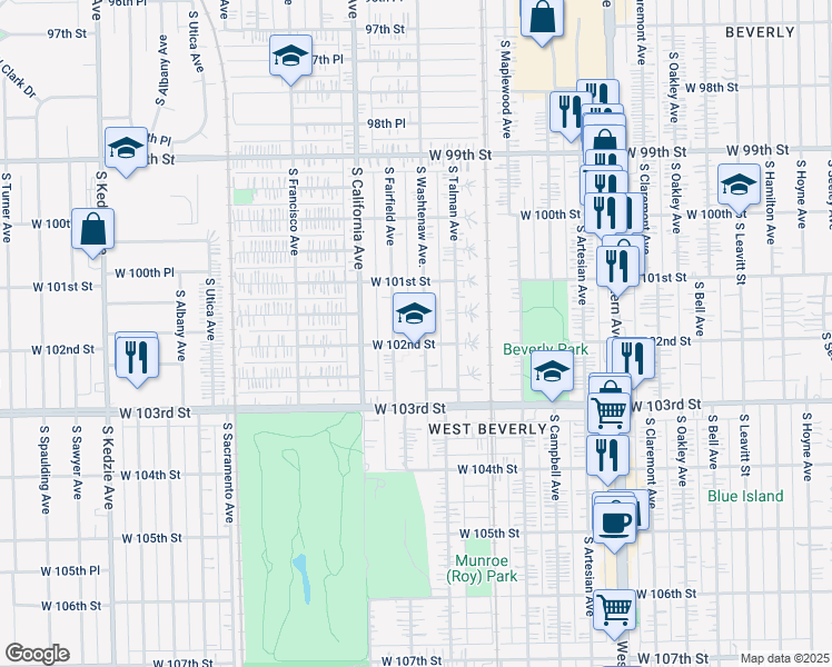 map of restaurants, bars, coffee shops, grocery stores, and more near 10129 South Fairfield Avenue in Chicago