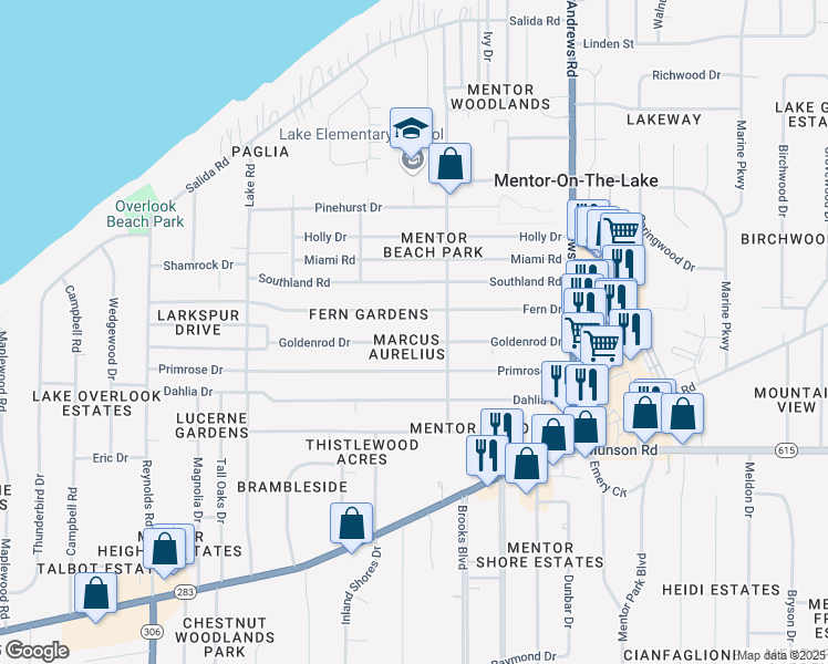 map of restaurants, bars, coffee shops, grocery stores, and more near 7623 Goldenrod Drive in Mentor-on-the-Lake