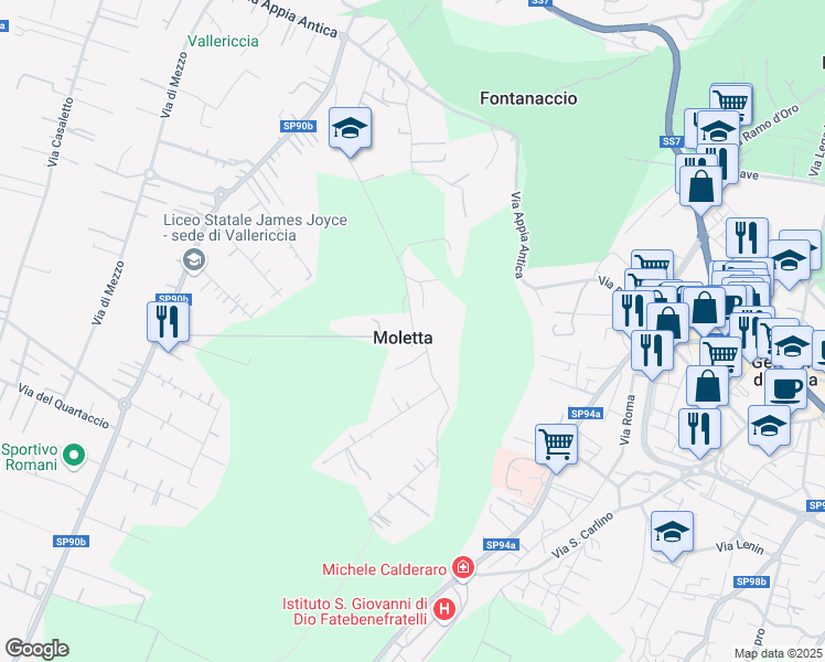 map of restaurants, bars, coffee shops, grocery stores, and more near Via della Palombara in Ariccia