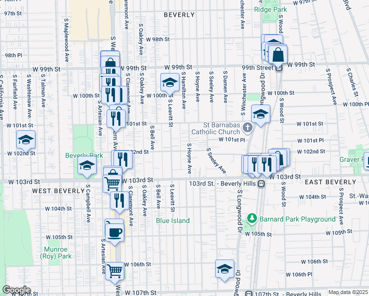 map of restaurants, bars, coffee shops, grocery stores, and more near 10137 South Hoyne Avenue in Chicago