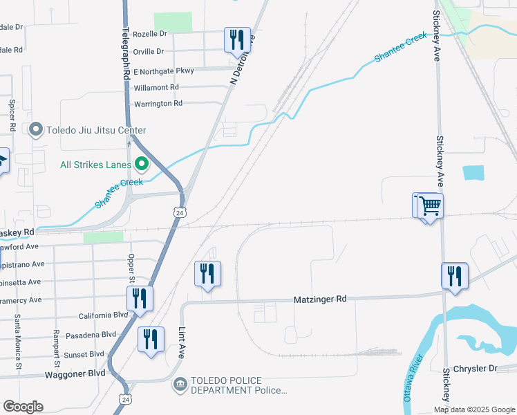 map of restaurants, bars, coffee shops, grocery stores, and more near in Toledo