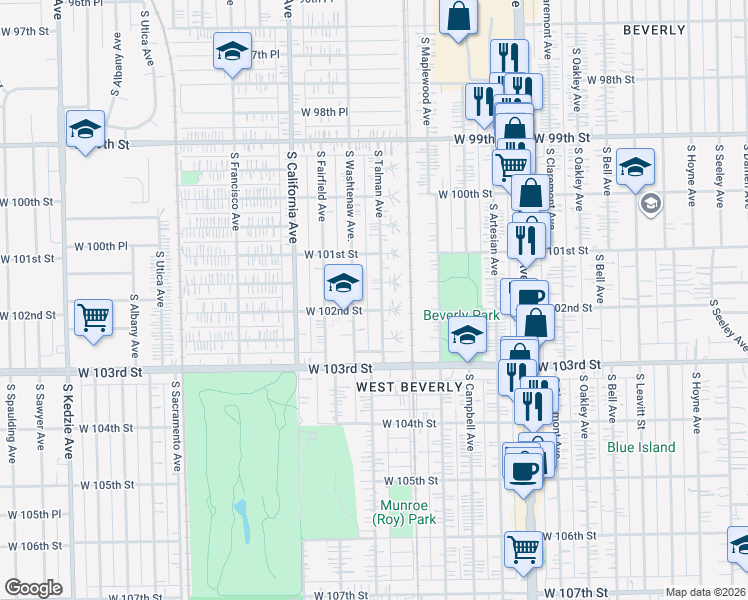 map of restaurants, bars, coffee shops, grocery stores, and more near 10132 South Talman Avenue in Chicago