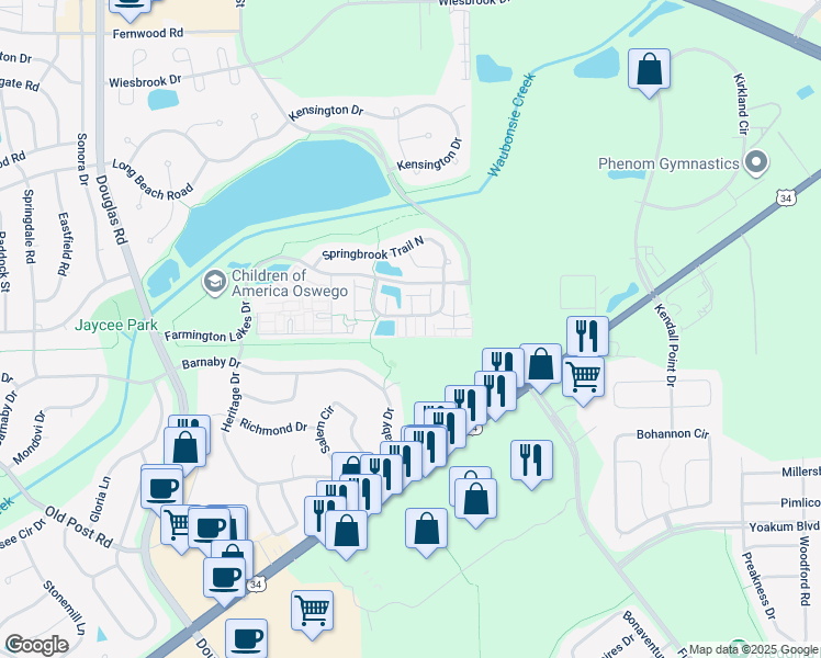 map of restaurants, bars, coffee shops, grocery stores, and more near 225 Springbrook Trail South in Oswego