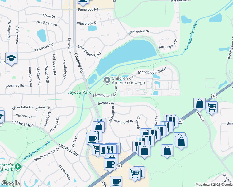 map of restaurants, bars, coffee shops, grocery stores, and more near 2023 Farmington Lakes Drive in Oswego